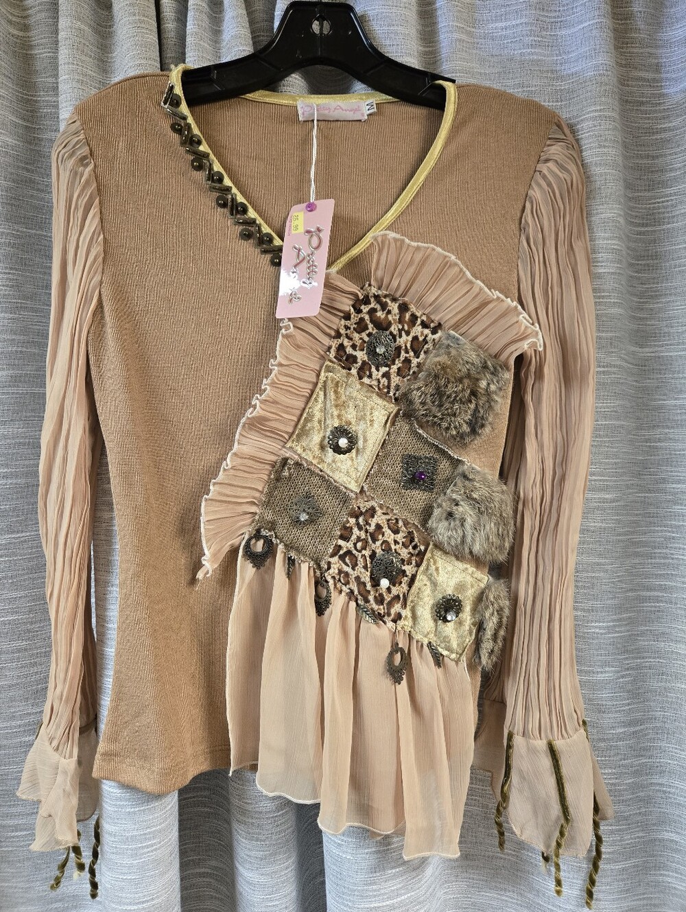 Vintage Pretty Angel Beige Patchwork Ruffle-Trimmed Long Sleeve Blouse